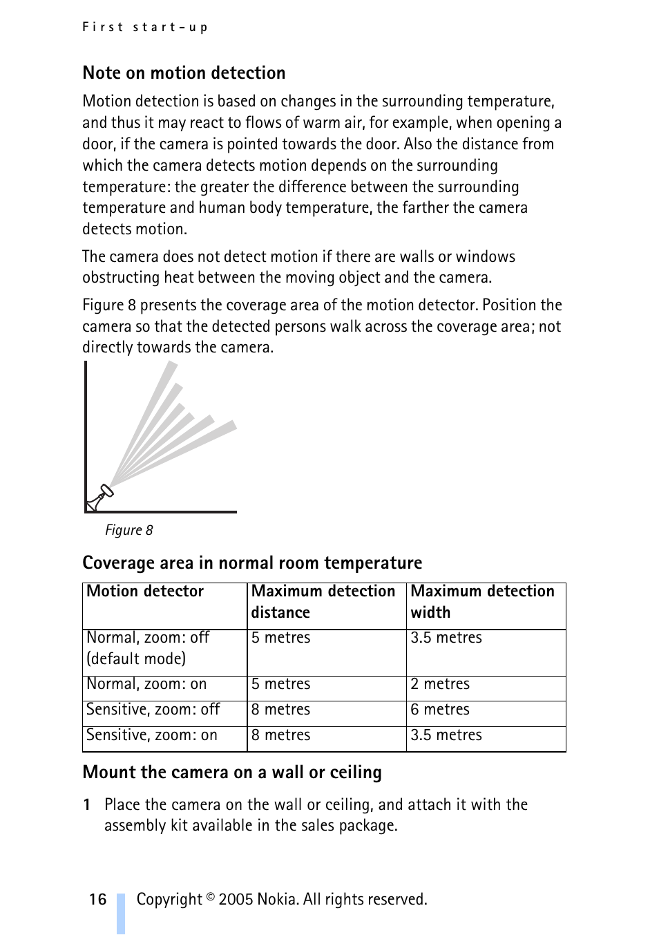 Note on motion detection, Coverage area in normal room temperature, Mount the camera on a wall or ceiling | Nokia Remote Camera User Manual | Page 16 / 62