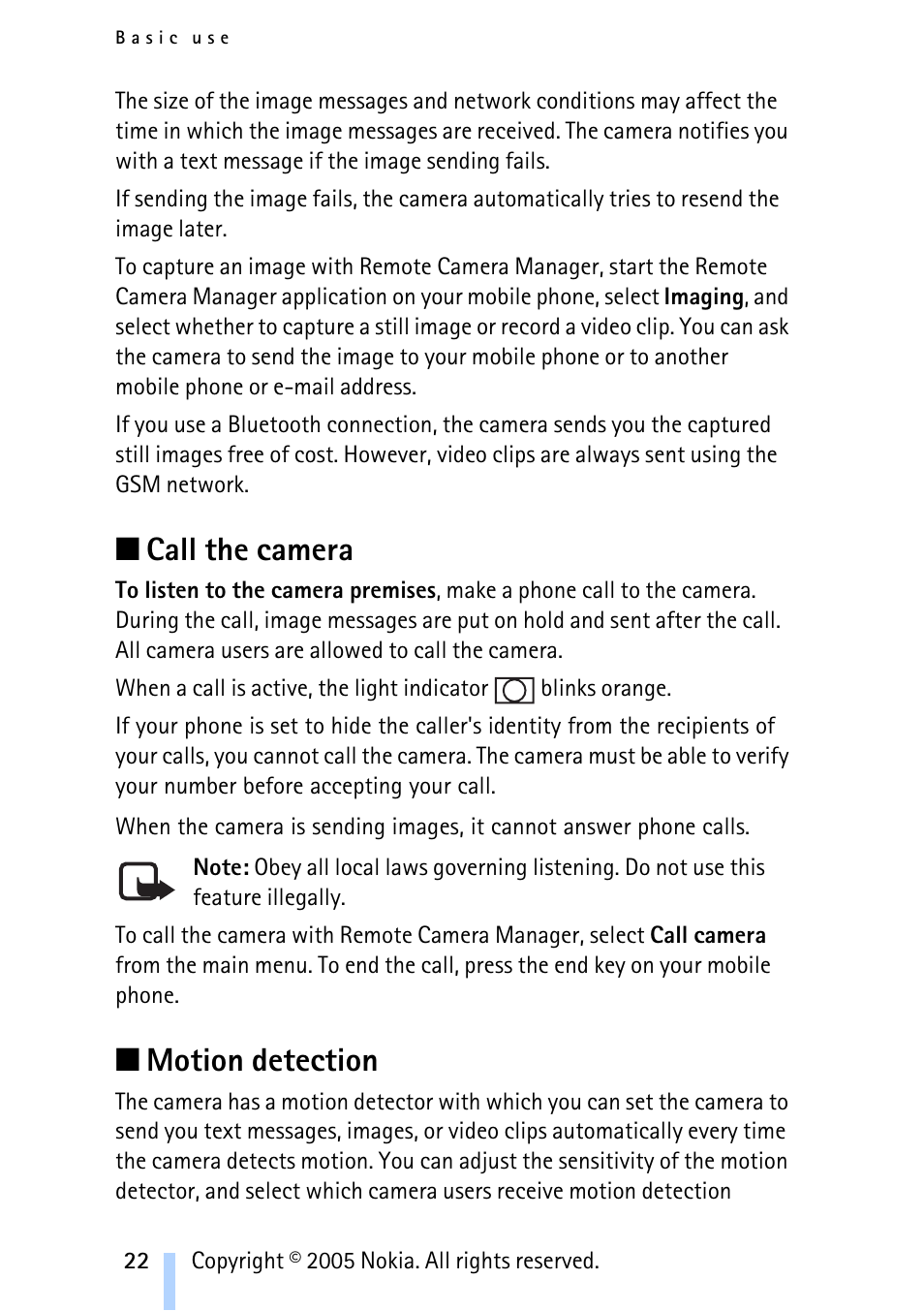 Call the camera, Motion detection | Nokia Remote Camera User Manual | Page 22 / 62