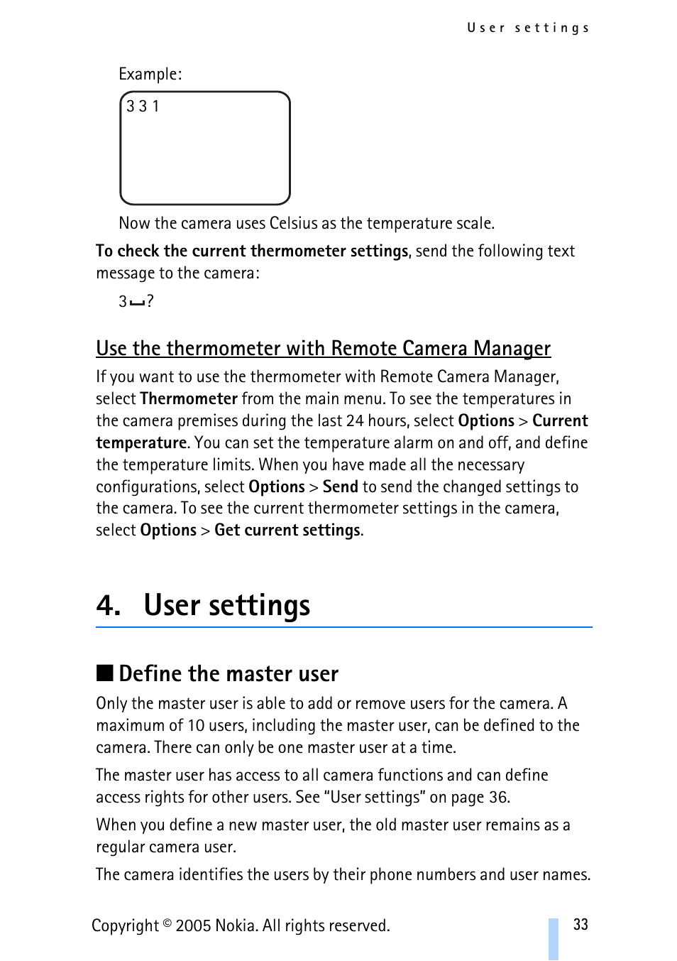 Use the thermometer with remote camera manager, User settings, Define the master user | Nokia Remote Camera User Manual | Page 33 / 62