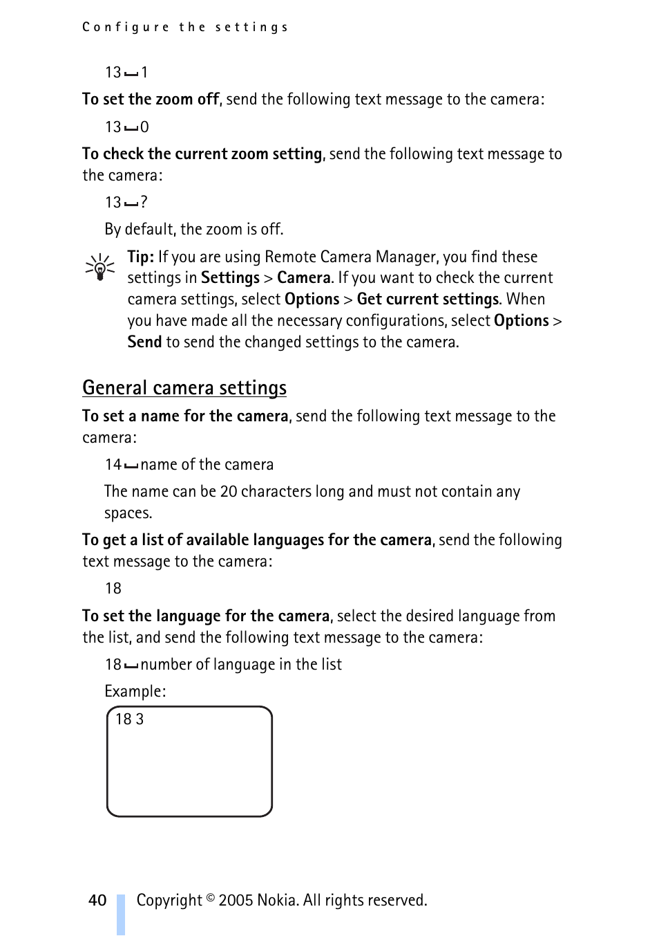 General camera settings | Nokia Remote Camera User Manual | Page 40 / 62