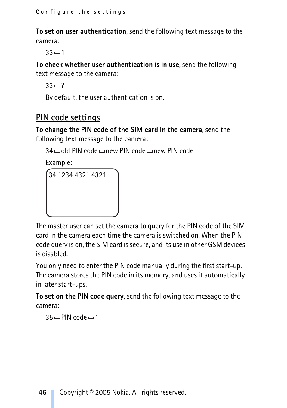 Pin code settings | Nokia Remote Camera User Manual | Page 46 / 62
