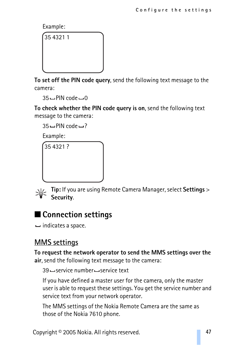 Connection settings, Mms settings | Nokia Remote Camera User Manual | Page 47 / 62