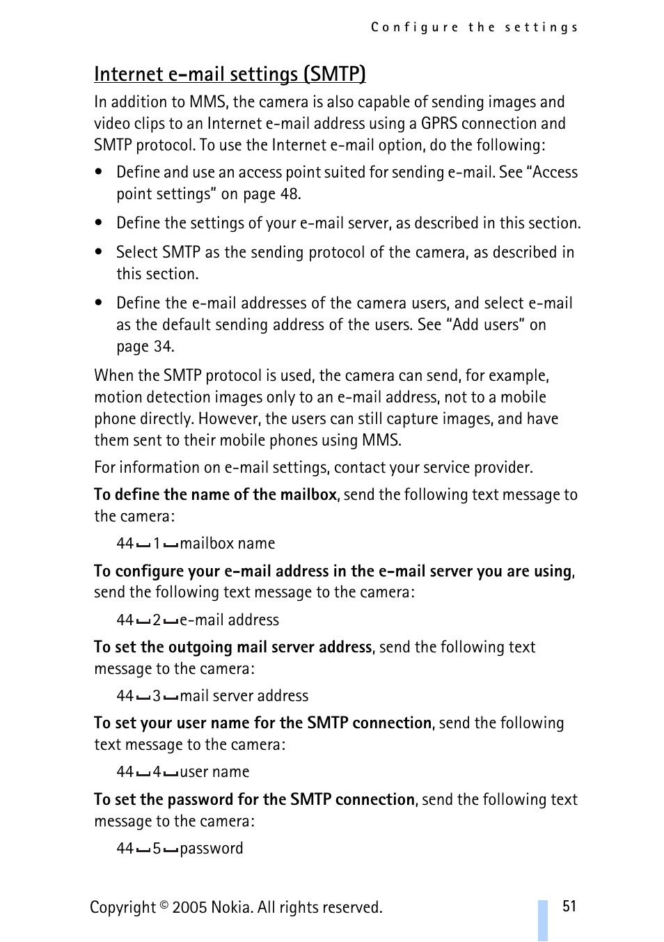 Internet e-mail settings (smtp) | Nokia Remote Camera User Manual | Page 51 / 62