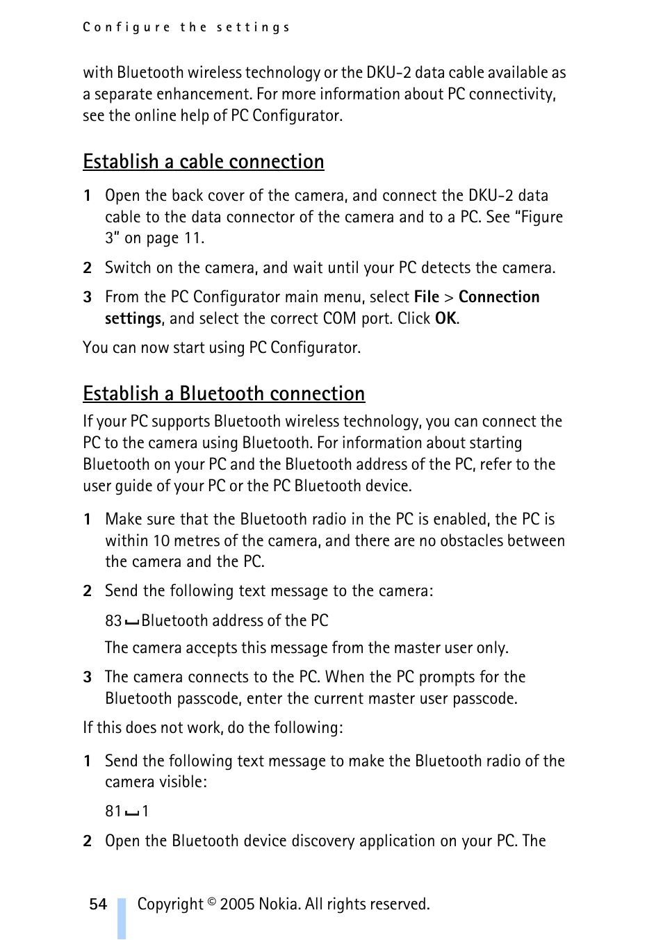Establish a cable connection, Establish a bluetooth connection | Nokia Remote Camera User Manual | Page 54 / 62