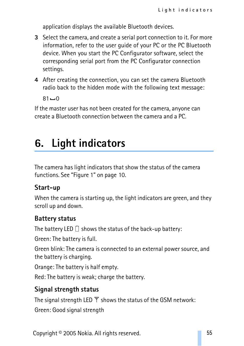 Light indicators, Start-up, Battery status | Signal strength status | Nokia Remote Camera User Manual | Page 55 / 62