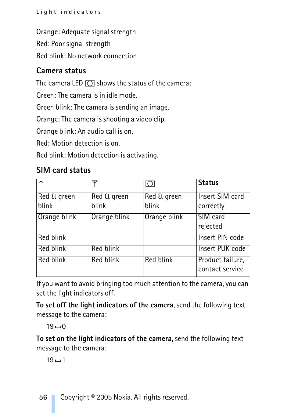 Camera status, Sim card status | Nokia Remote Camera User Manual | Page 56 / 62