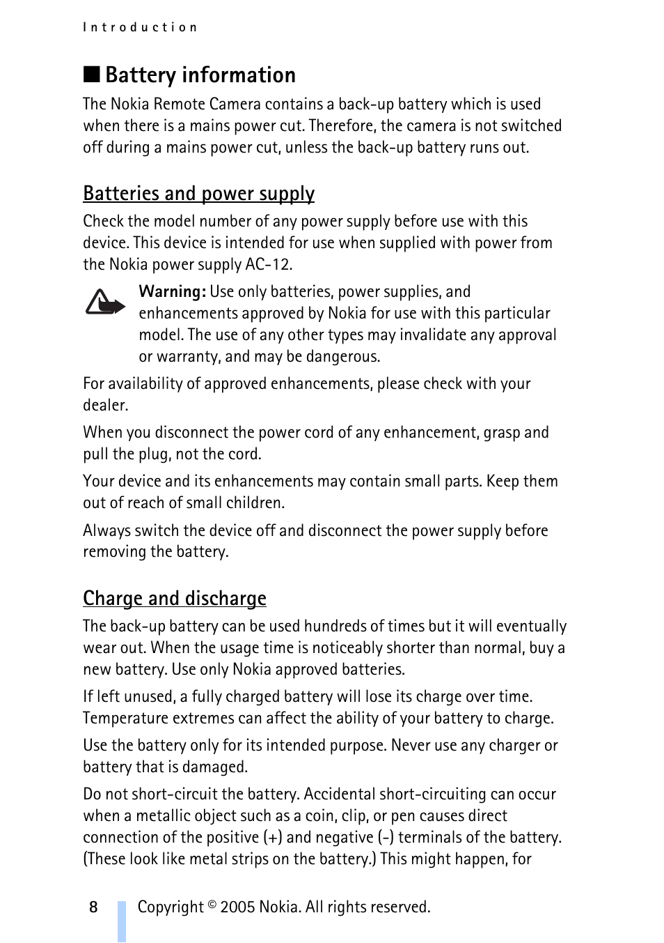 Battery information, Batteries and power supply, Charge and discharge | Nokia Remote Camera User Manual | Page 8 / 62