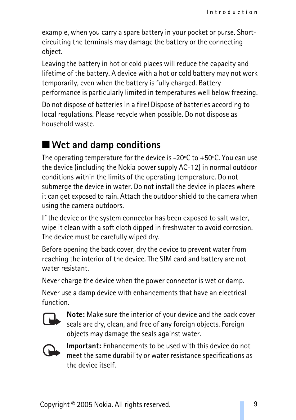 Wet and damp conditions | Nokia Remote Camera User Manual | Page 9 / 62