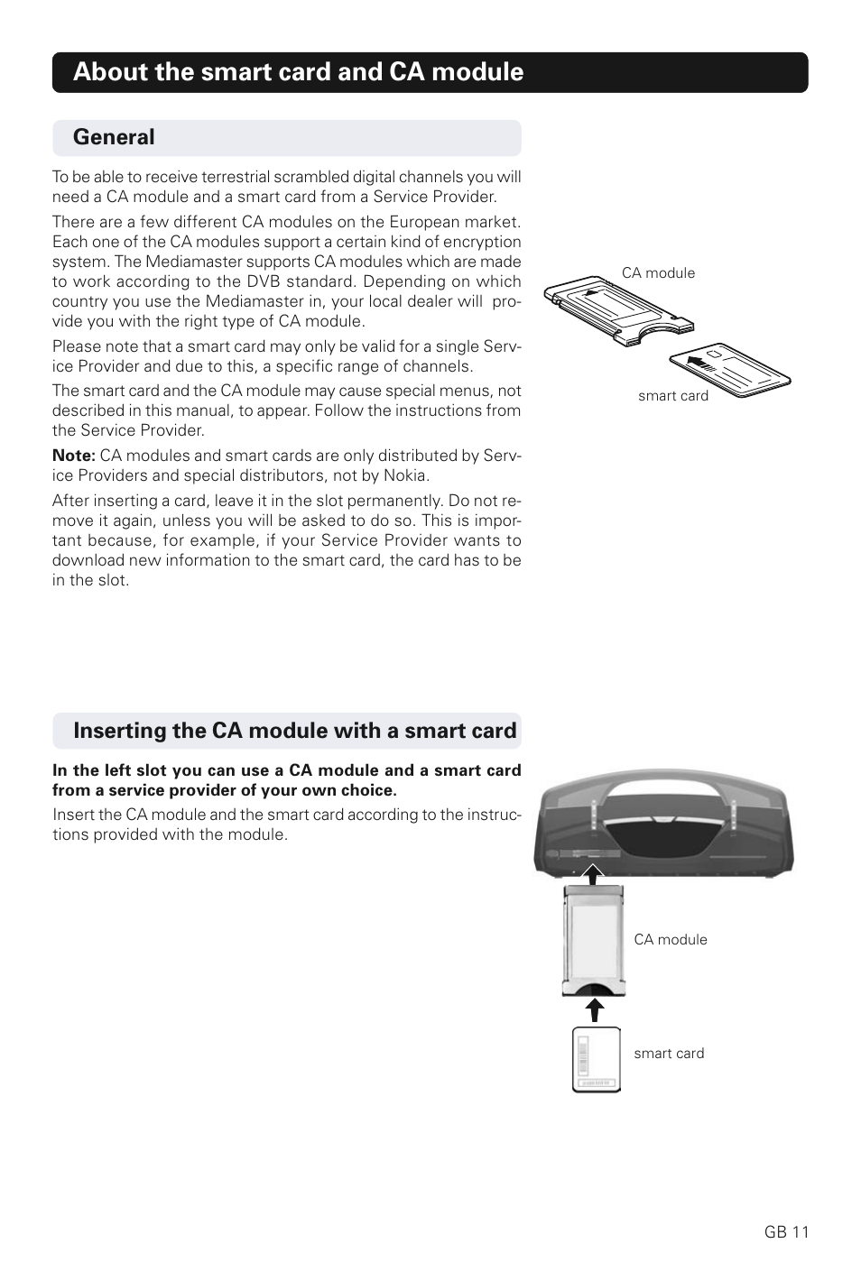 About the smart card and ca module, General, Inserting the ca module with a smart card | Nokia 230 T User Manual | Page 11 / 36