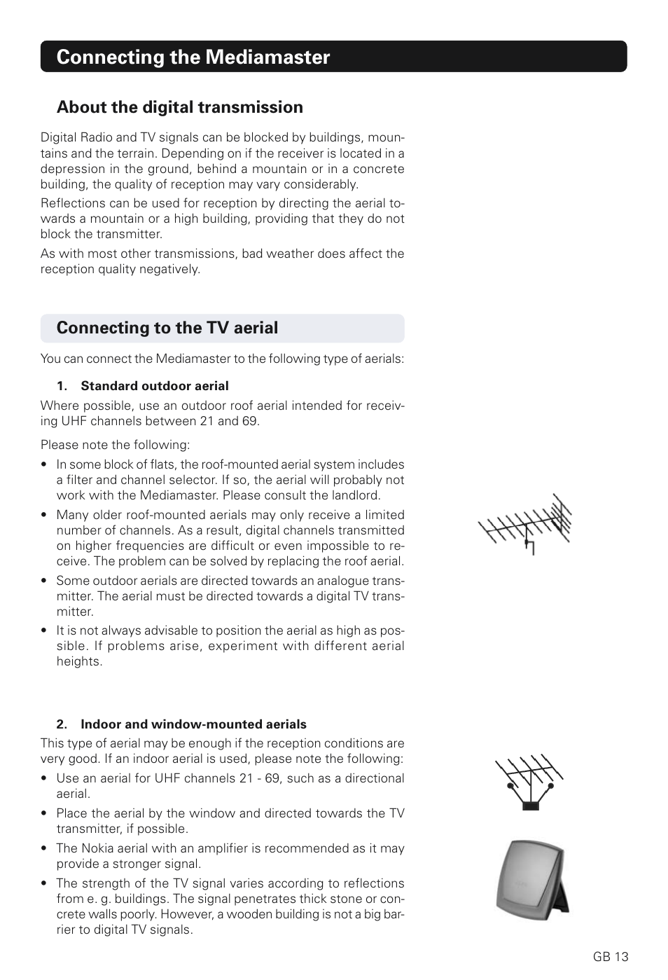 Connecting the mediamaster, Connecting to the tv aerial, About the digital transmission | Nokia 230 T User Manual | Page 13 / 36