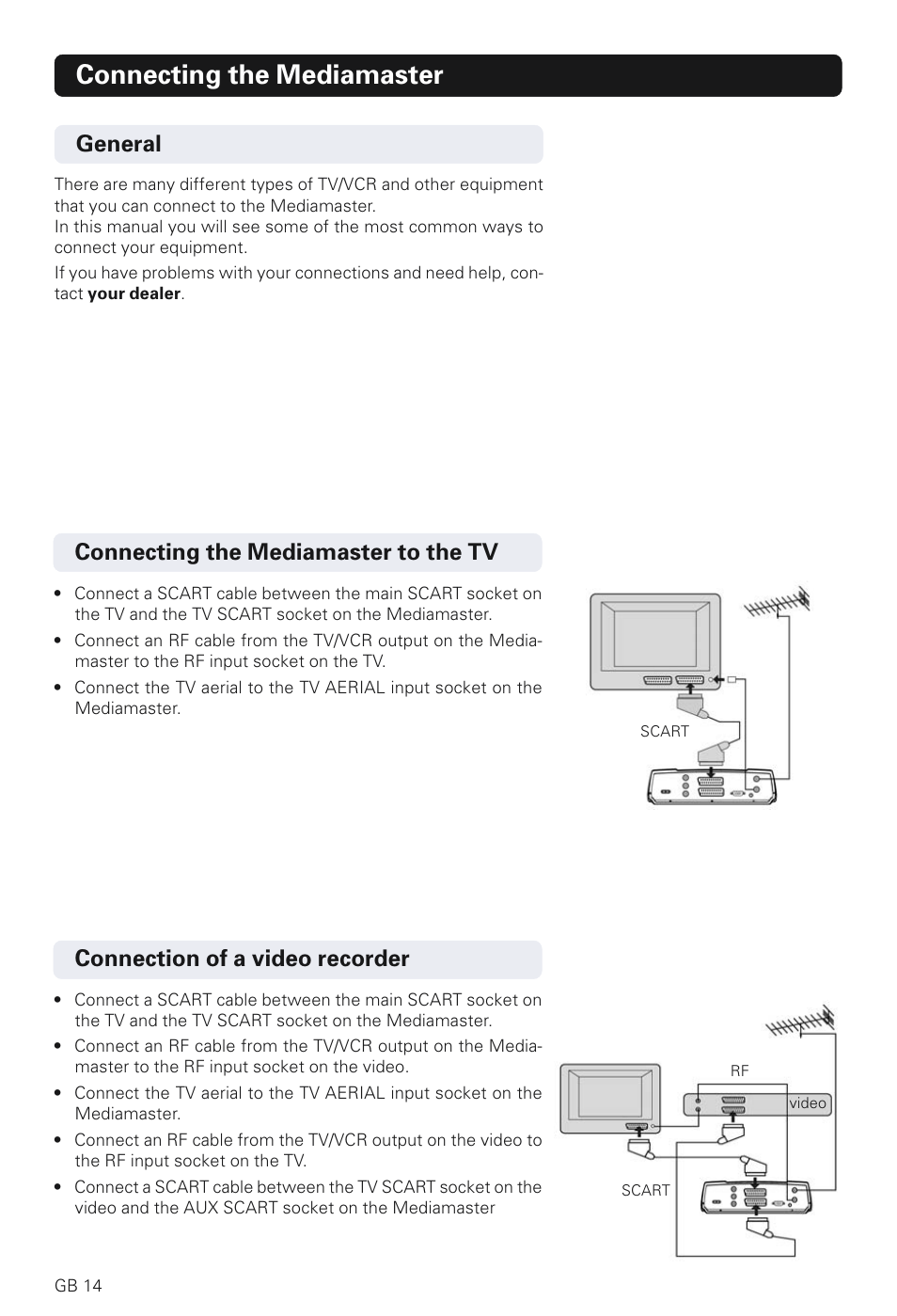 Connecting the mediamaster, Connection of a video recorder, Connecting the mediamaster to the tv | General | Nokia 230 T User Manual | Page 14 / 36