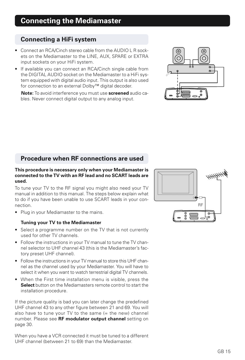 Connecting the mediamaster, Procedure when rf connections are used, Connecting a hifi system | Nokia 230 T User Manual | Page 15 / 36