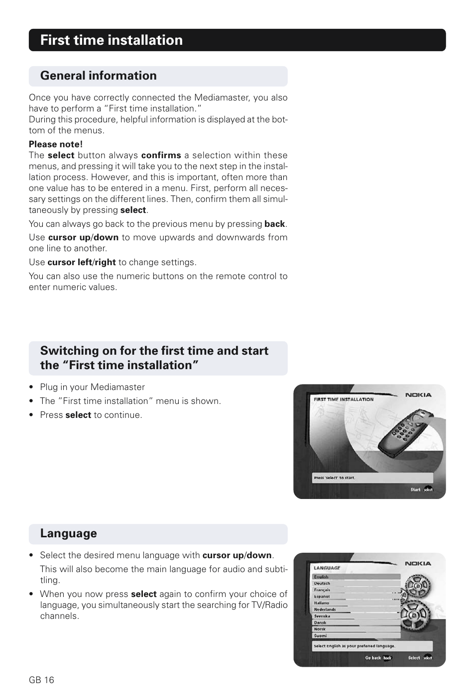 First time installation, General information, Language | Nokia 230 T User Manual | Page 16 / 36