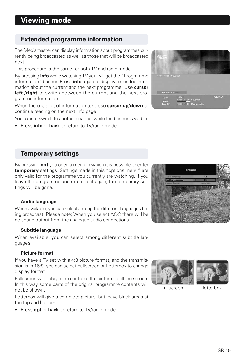 Viewing mode, Extended programme information, Temporary settings | Nokia 230 T User Manual | Page 19 / 36