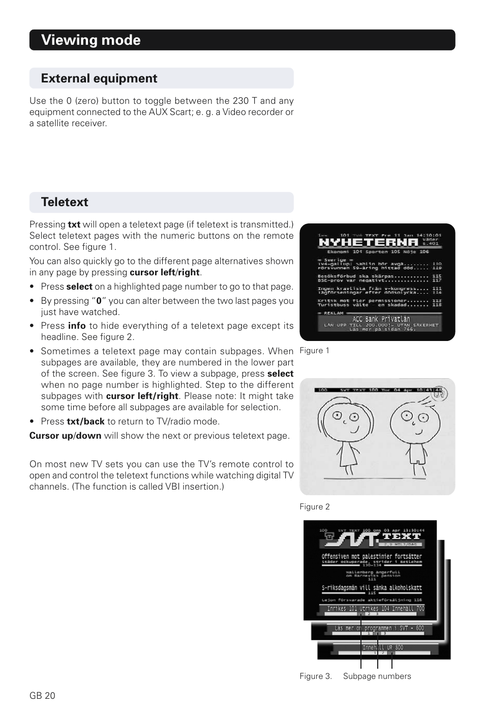 Viewing mode, Teletext, External equipment | Nokia 230 T User Manual | Page 20 / 36