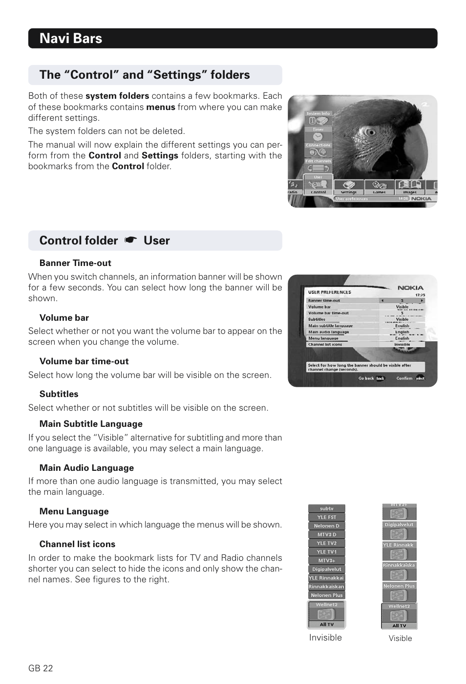 Navi bars, Control folder, User the “control” and “settings” folders | Nokia 230 T User Manual | Page 22 / 36