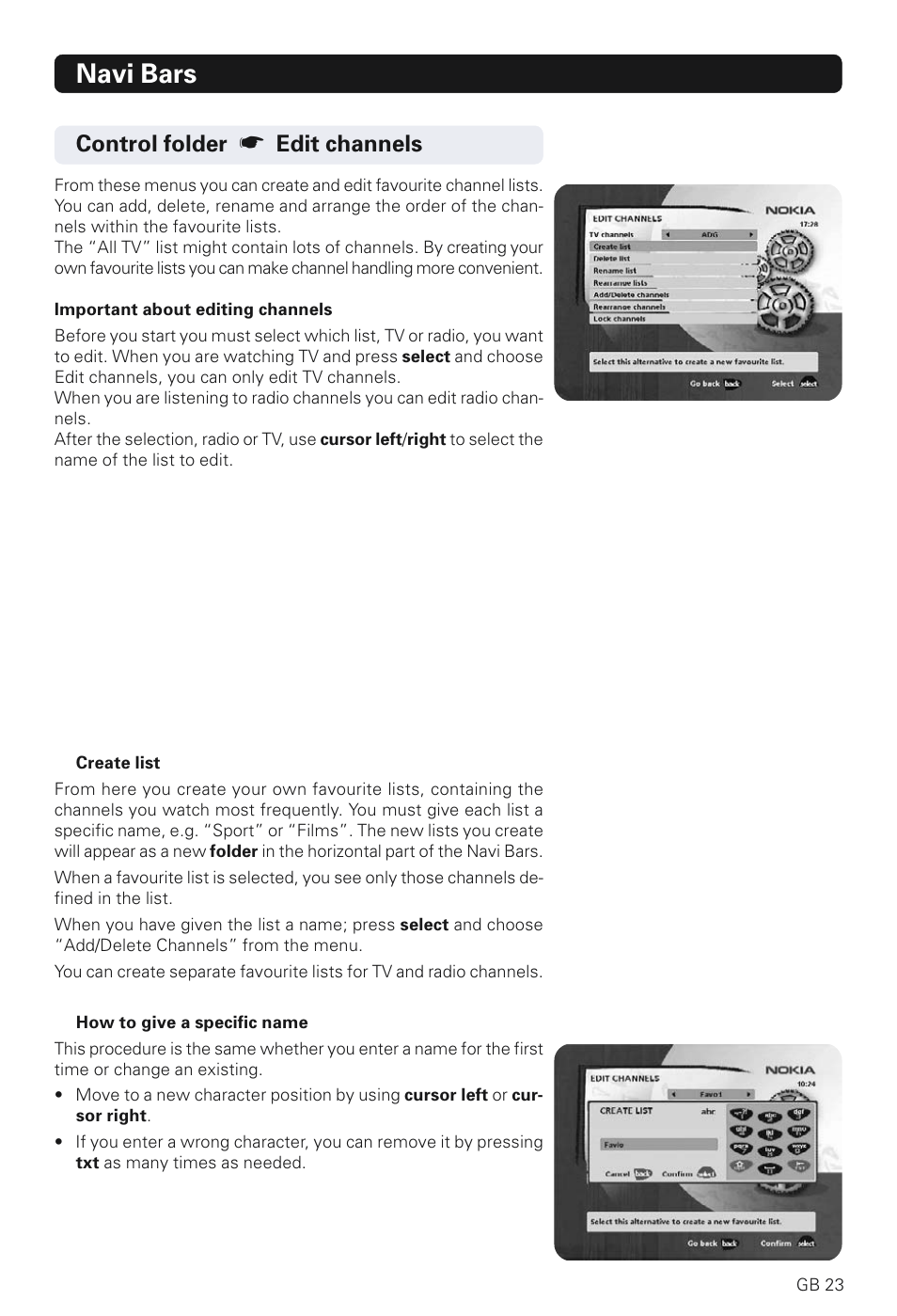 Navi bars, Control folder, Edit channels | Nokia 230 T User Manual | Page 23 / 36