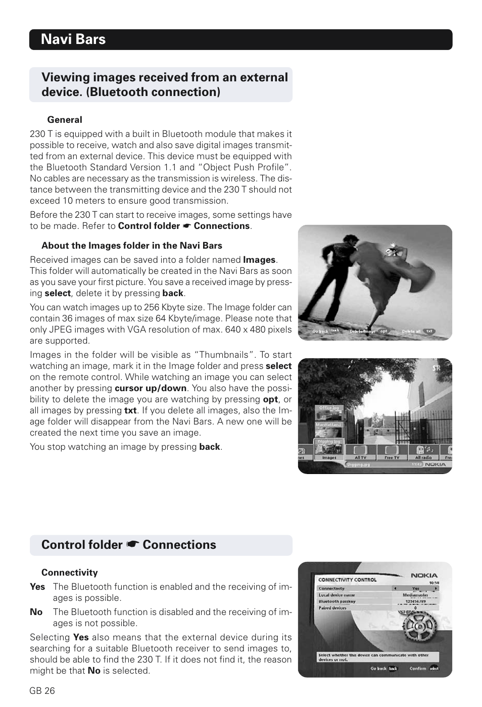 Navi bars, Control folder, Connections | Nokia 230 T User Manual | Page 26 / 36