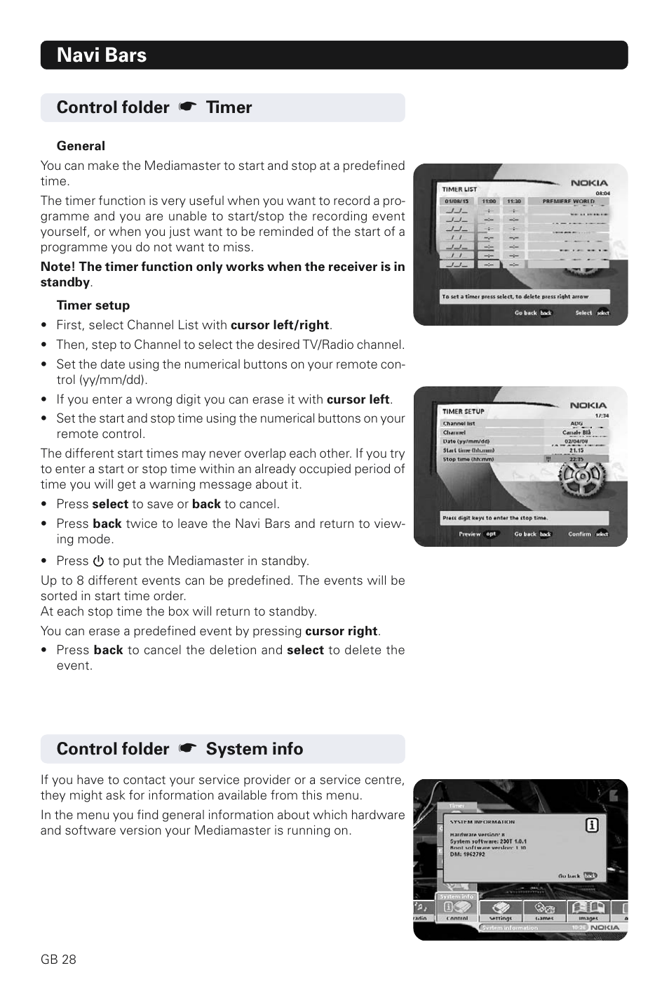 Navi bars, Control folder, Timer | System info | Nokia 230 T User Manual | Page 28 / 36