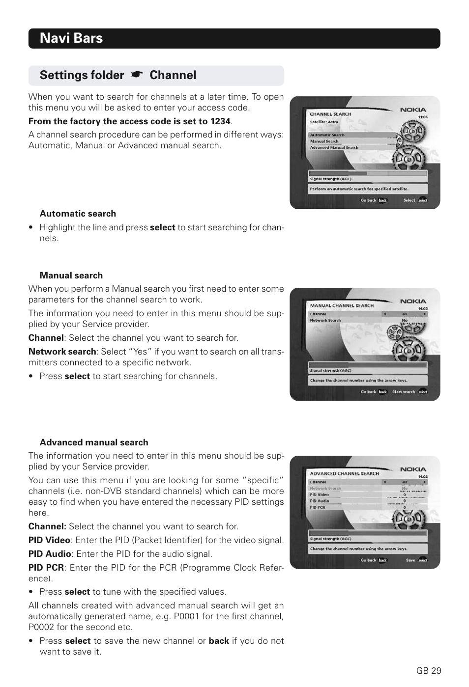 Navi bars, Settings folder, Channel | Nokia 230 T User Manual | Page 29 / 36