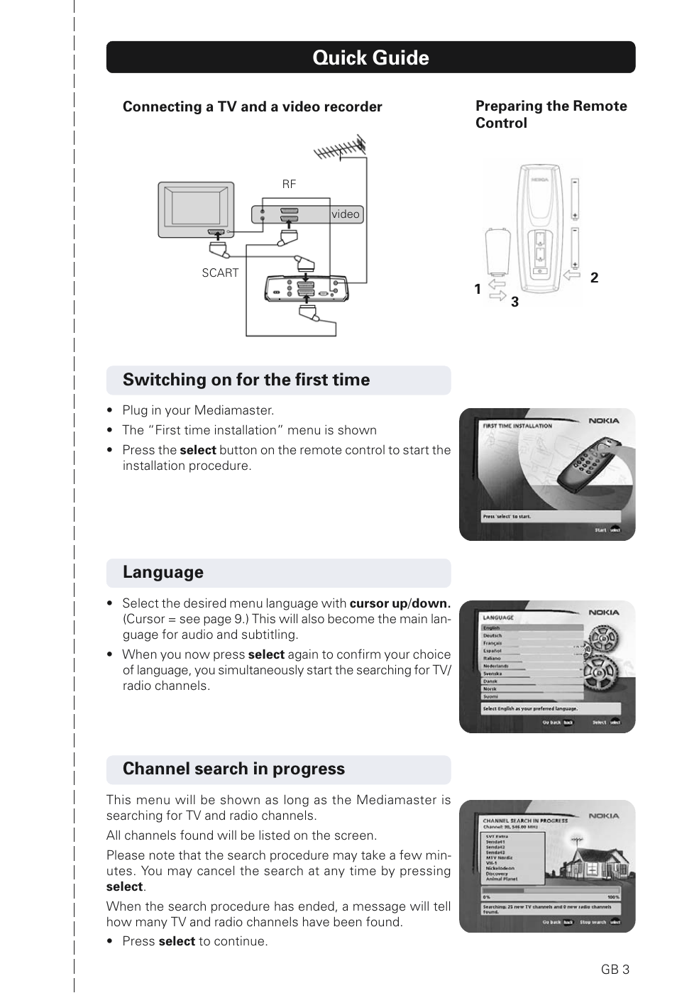 Quick guide, Language, Channel search in progress | Switching on for the first time | Nokia 230 T User Manual | Page 3 / 36