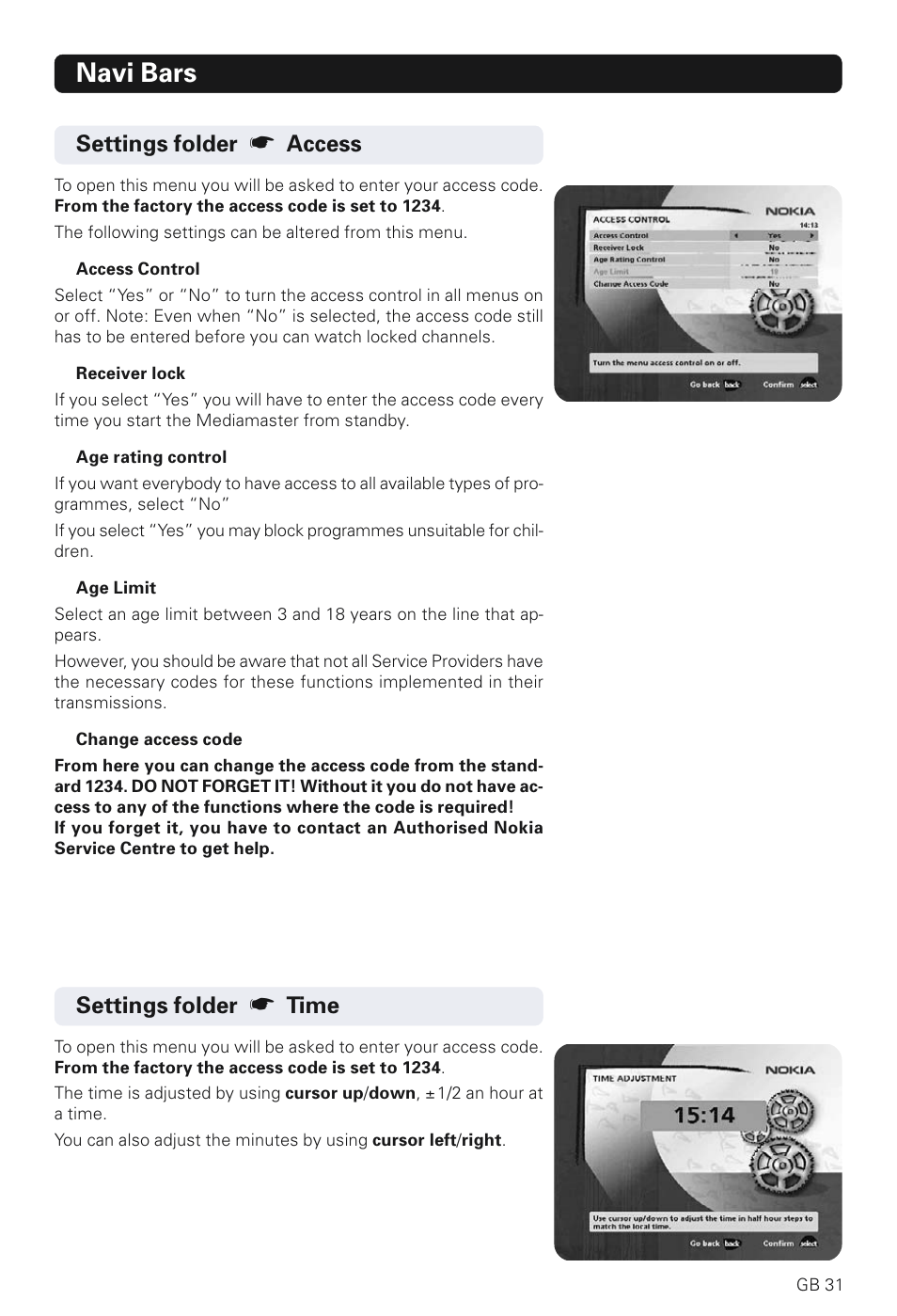 Navi bars, Settings folder, Access | Time | Nokia 230 T User Manual | Page 31 / 36