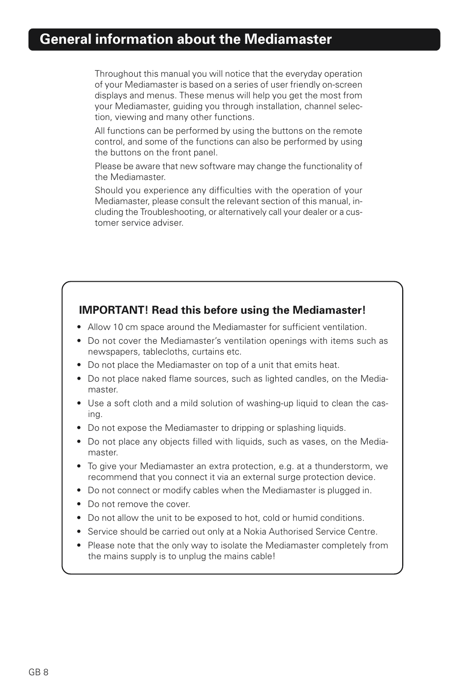 General information about the mediamaster, Important! read this before using the mediamaster | Nokia 230 T User Manual | Page 8 / 36