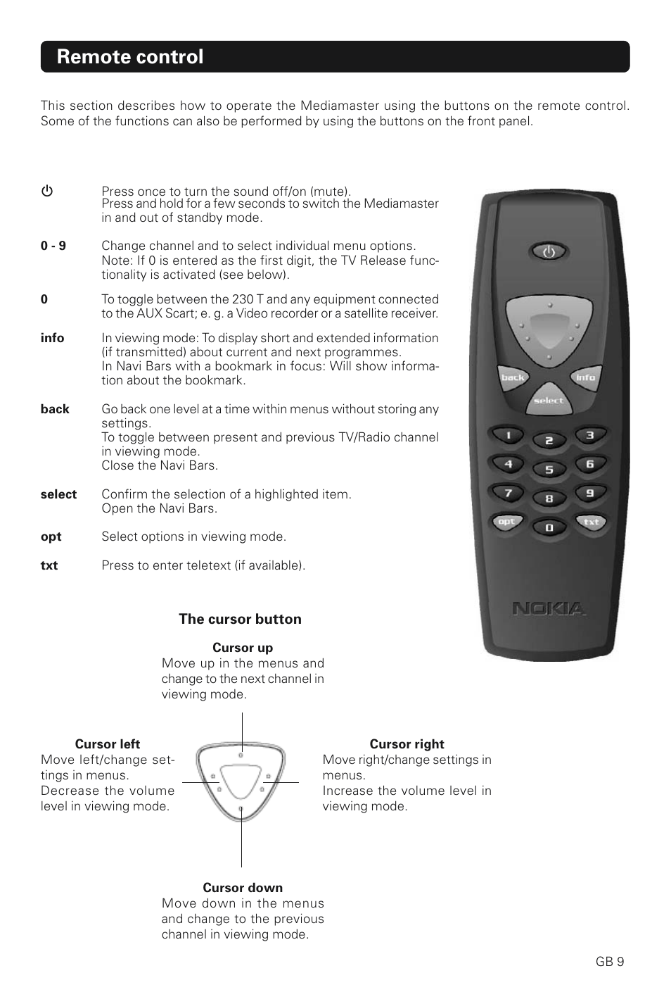 Remote control | Nokia 230 T User Manual | Page 9 / 36