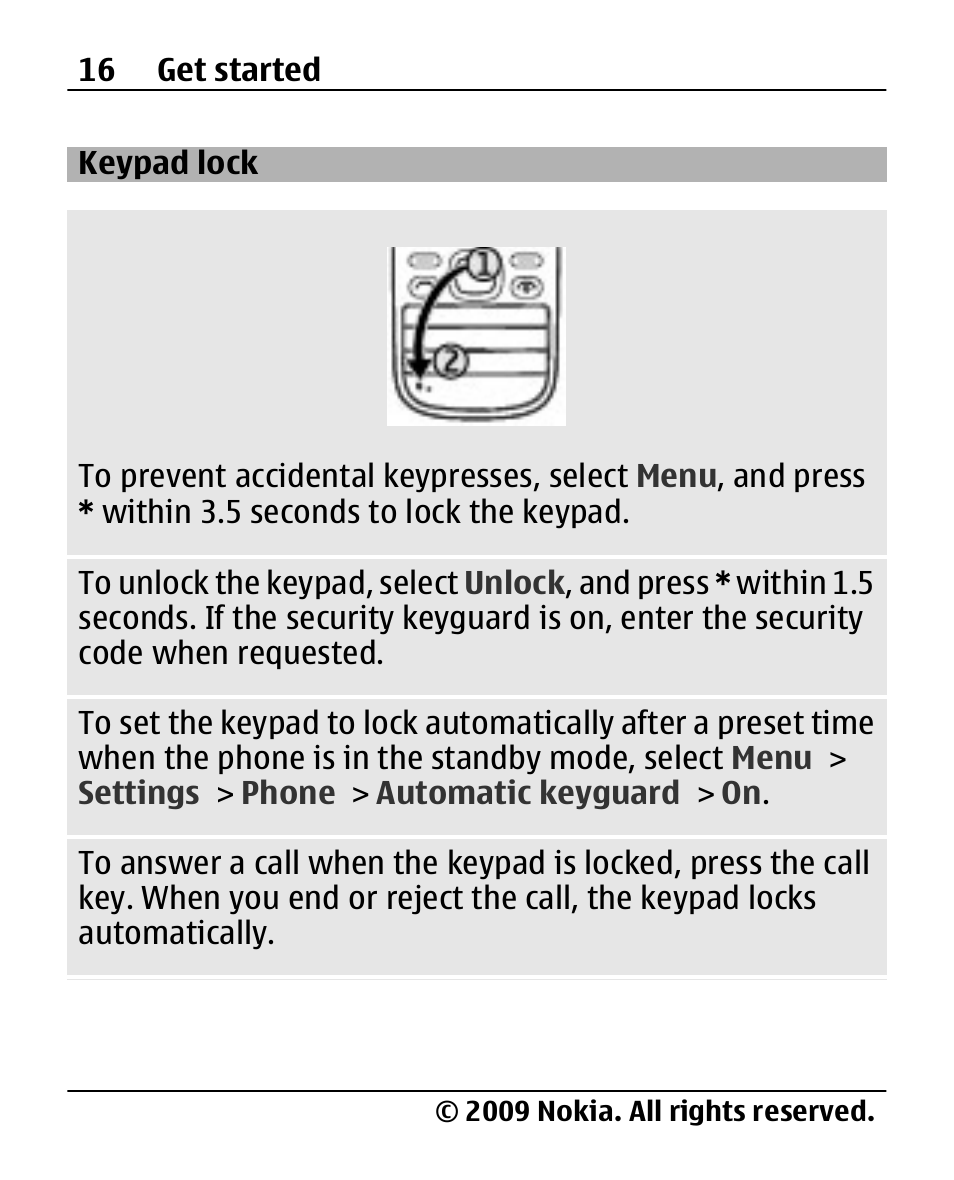 Keypad lock | Nokia 2690 User Manual | Page 16 / 90