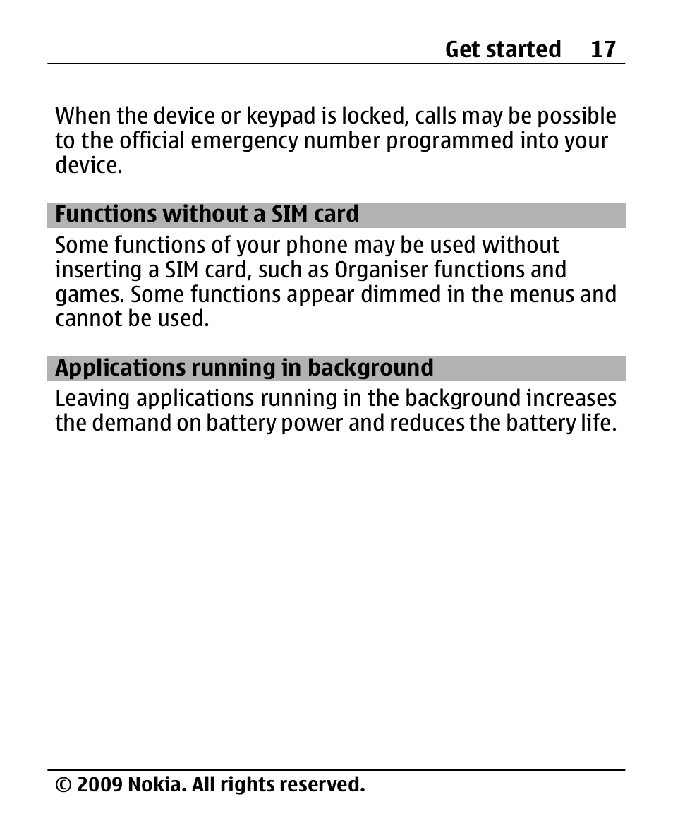 Functions without a sim card, Applications running in background, Functions without a sim | Card, Applications running in, Background | Nokia 2690 User Manual | Page 17 / 90