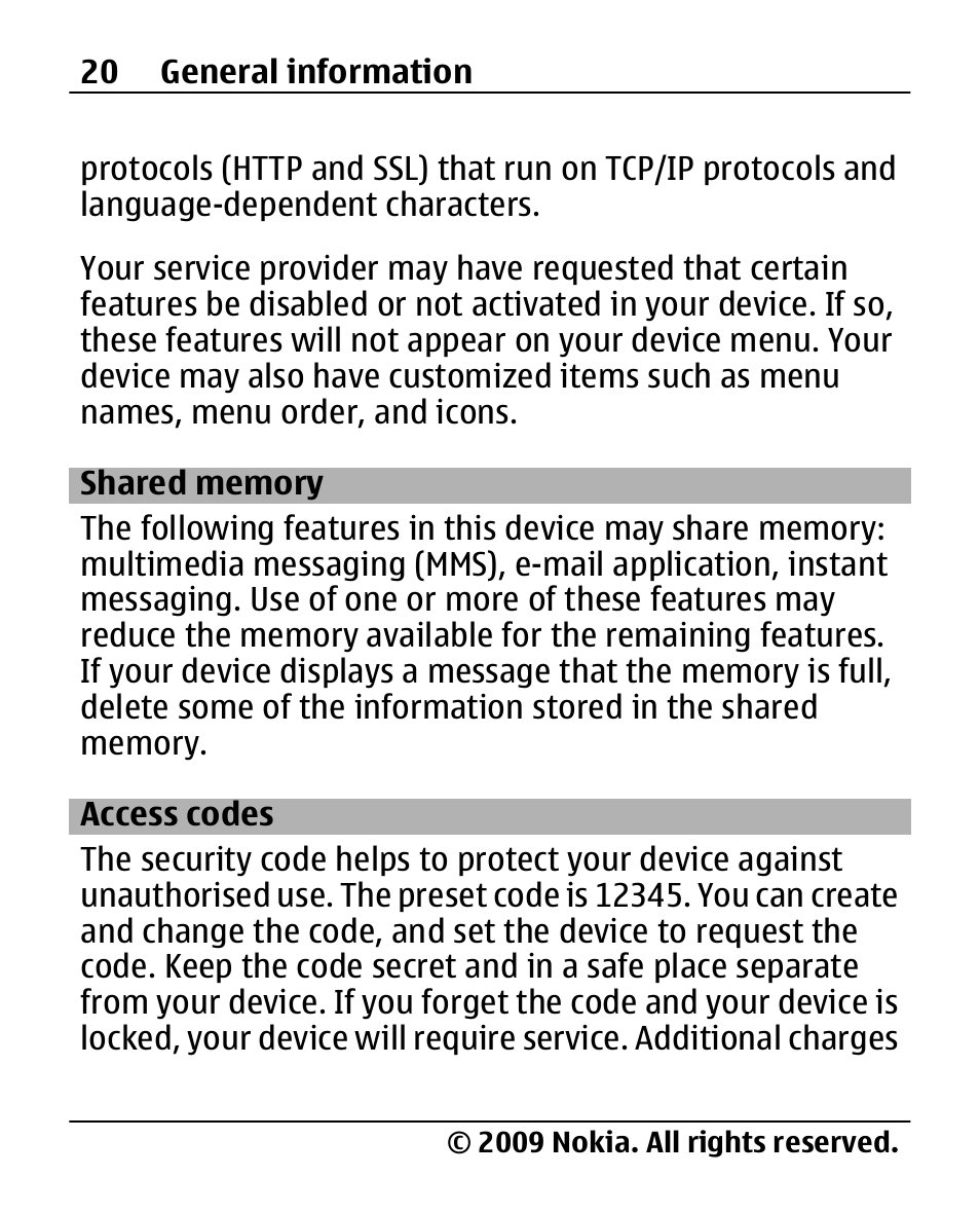 Shared memory, Access codes | Nokia 2690 User Manual | Page 20 / 90