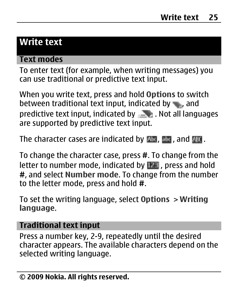 Write text, Text modes, Traditional text input | Traditional text input 25 | Nokia 2690 User Manual | Page 25 / 90