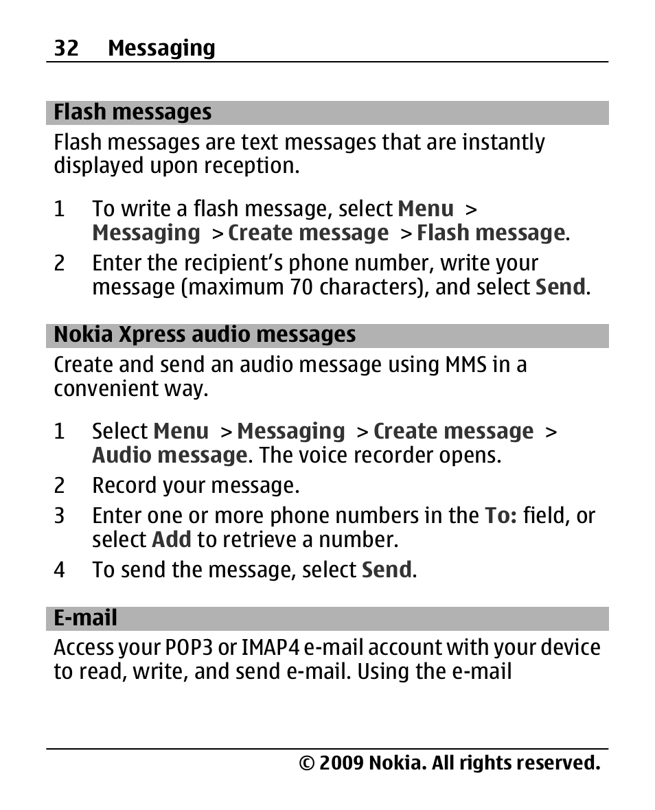 Flash messages, Nokia xpress audio messages, E-mail | Nokia xpress audio, Messages | Nokia 2690 User Manual | Page 32 / 90