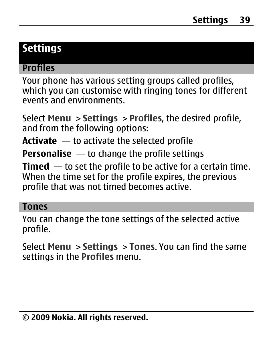 Settings, Profiles, Tones | Nokia 2690 User Manual | Page 39 / 90