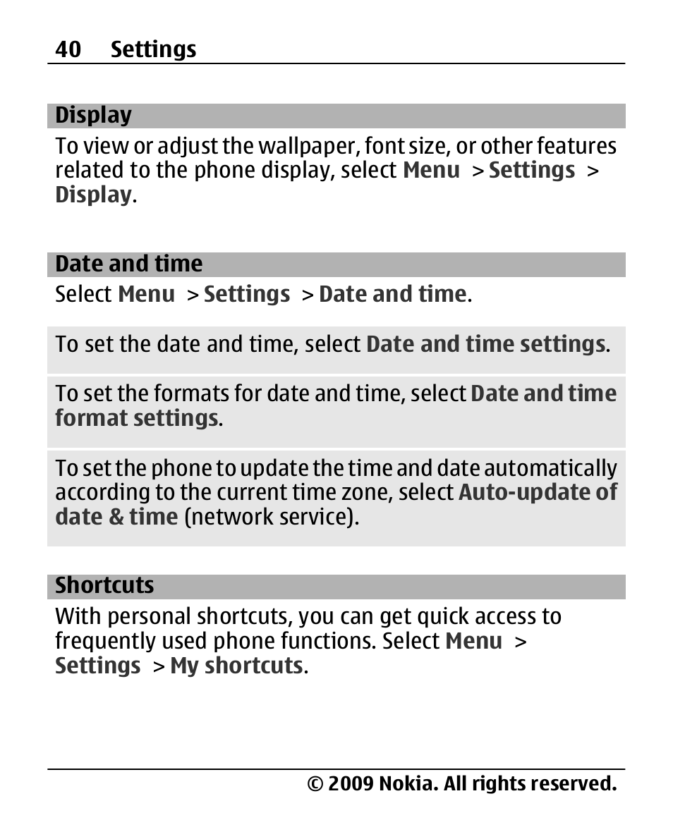 Display, Date and time, Shortcuts | Nokia 2690 User Manual | Page 40 / 90