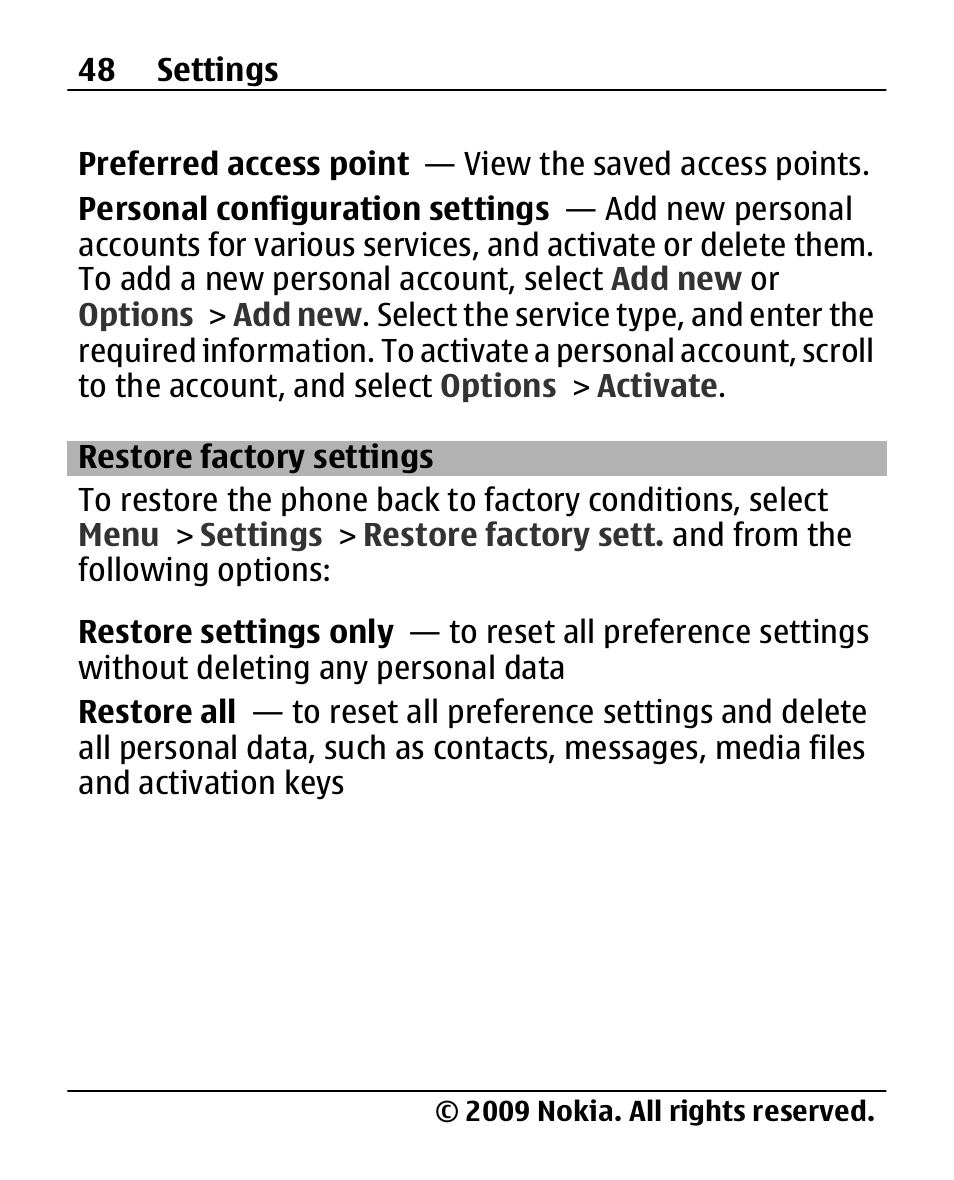 Restore factory settings, Restore factory, Settings | Nokia 2690 User Manual | Page 48 / 90