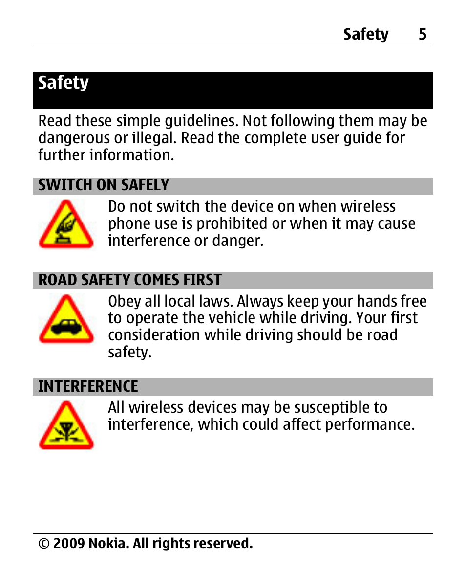 Safety, Switch on safely, Road safety comes first | Interference | Nokia 2690 User Manual | Page 5 / 90