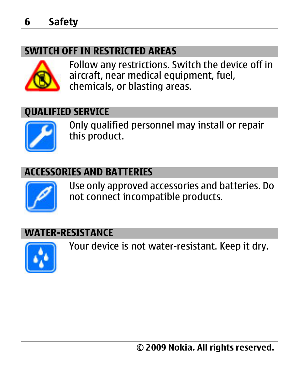 Switch off in restricted areas, Qualified service, Accessories and batteries | Water-resistance | Nokia 2690 User Manual | Page 6 / 90
