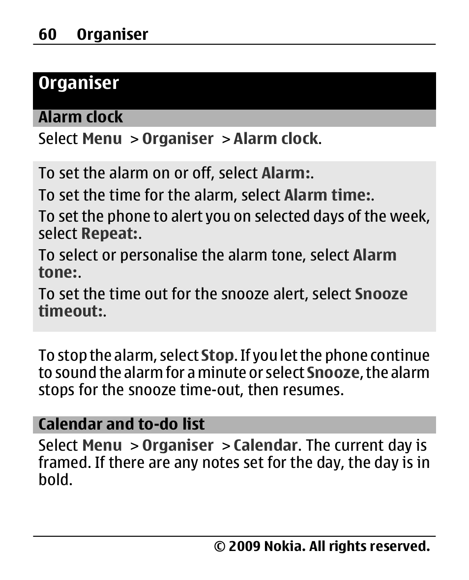 Organiser, Alarm clock, Calendar and to-do list | Calendar and to-do, List | Nokia 2690 User Manual | Page 60 / 90