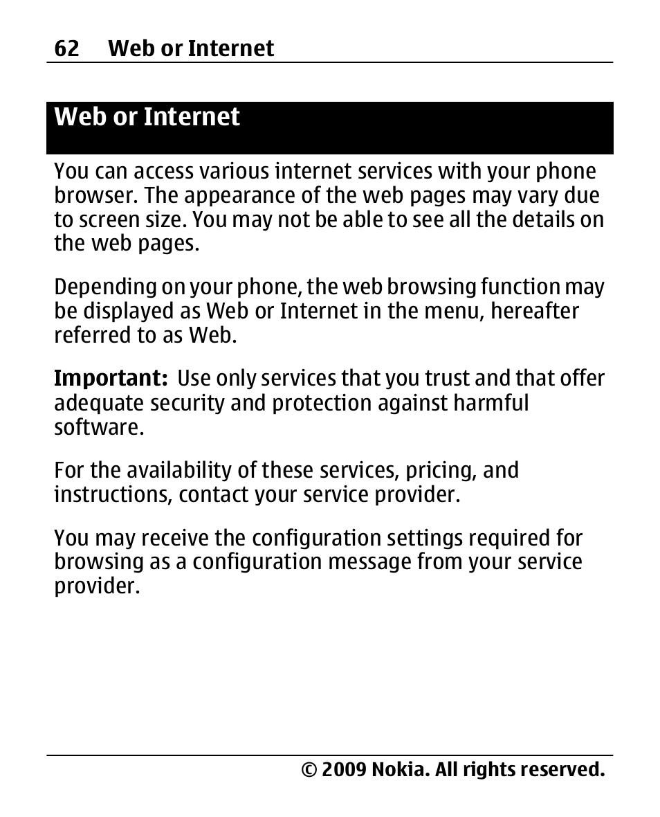 Web or internet | Nokia 2690 User Manual | Page 62 / 90