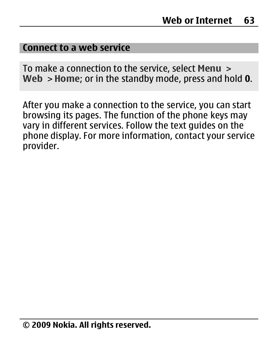Connect to a web service, Connect to a web, Service | Nokia 2690 User Manual | Page 63 / 90