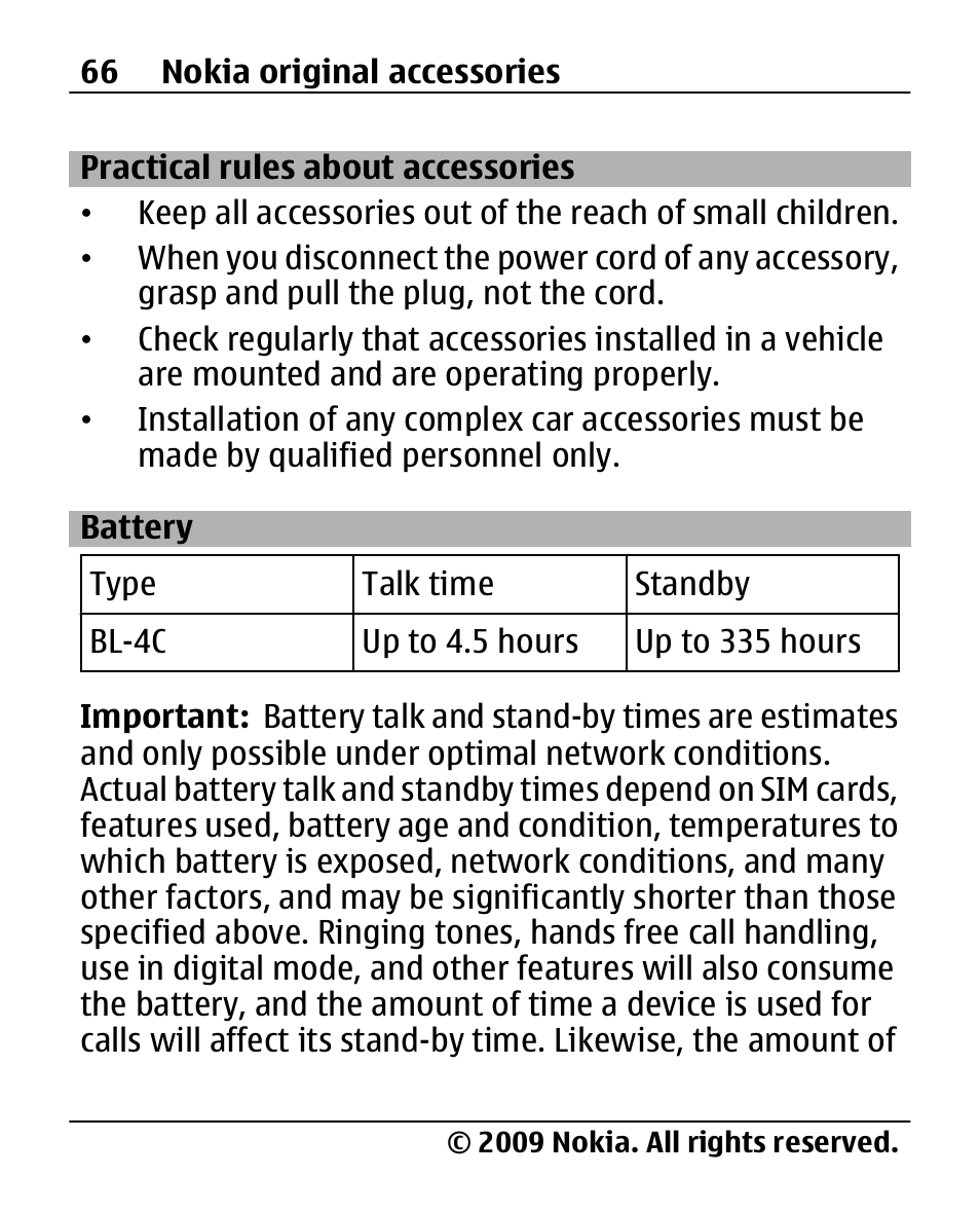 Practical rules about accessories, Battery, Practical rules about | Accessories | Nokia 2690 User Manual | Page 66 / 90