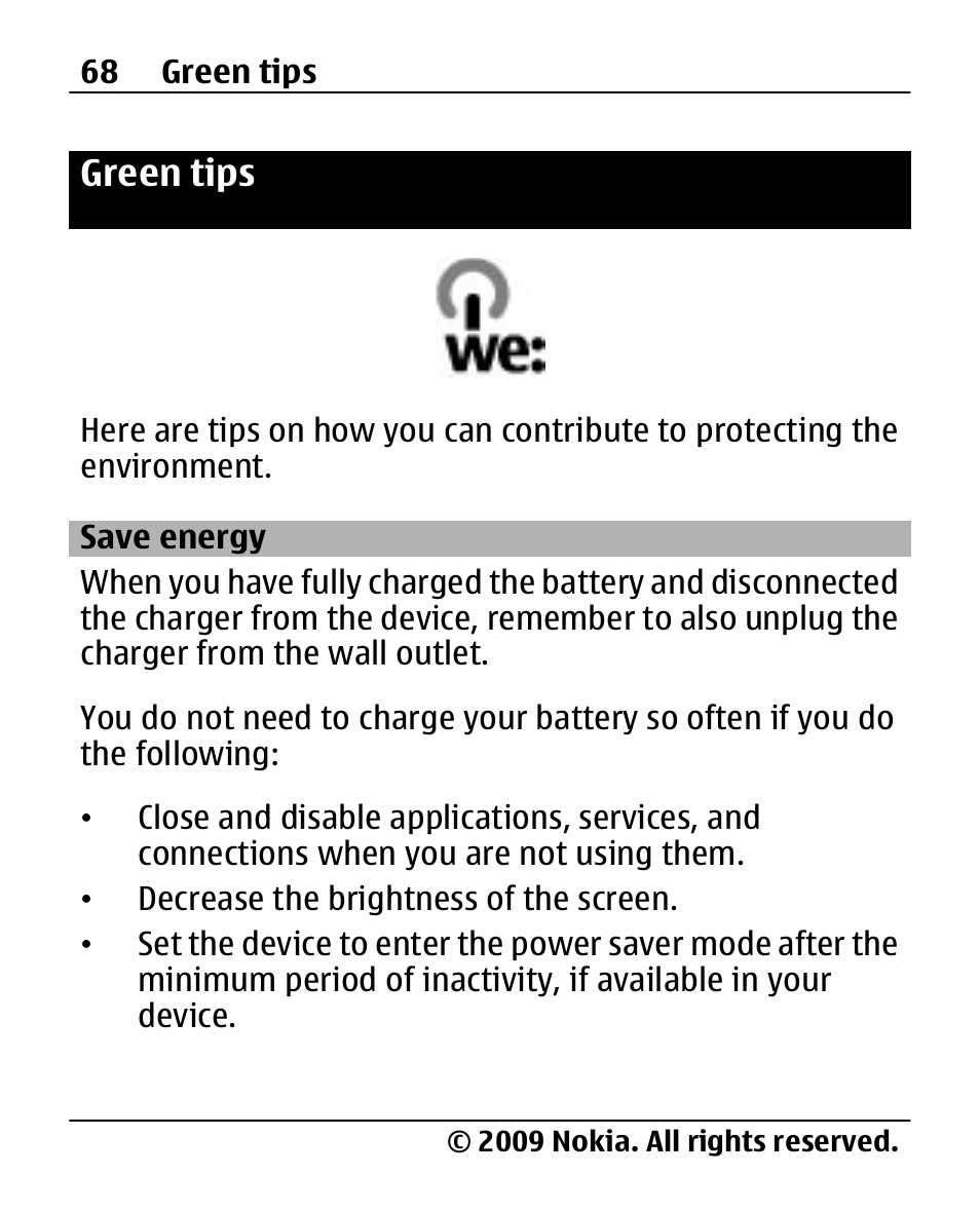 Green tips, Save energy | Nokia 2690 User Manual | Page 68 / 90