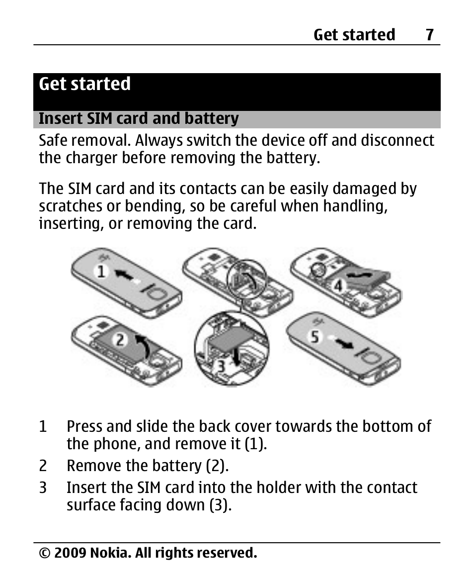 Get started, Insert sim card and battery, Insert sim card and | Battery | Nokia 2690 User Manual | Page 7 / 90