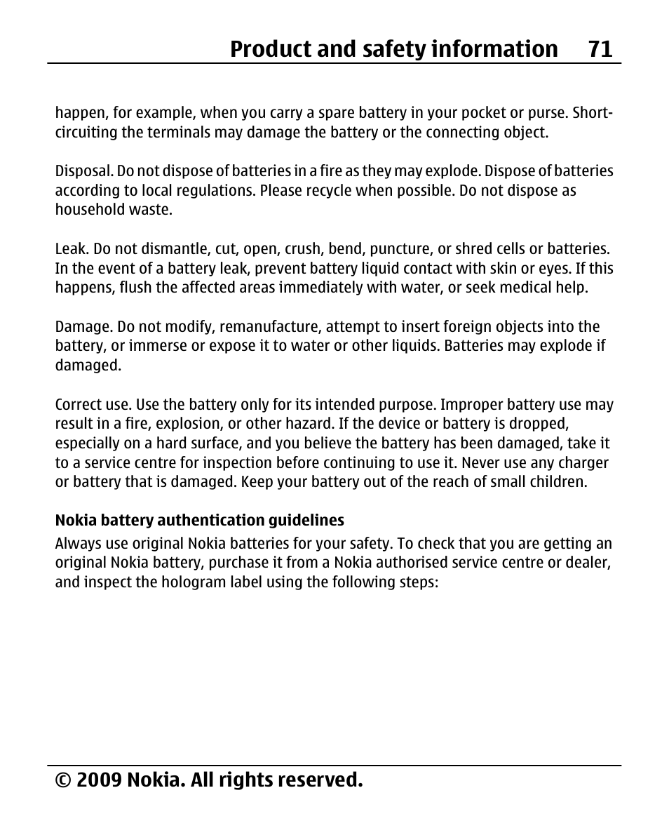 Nokia battery authentication guidelines, Product and safety information 71, 2009 nokia. all rights reserved | Nokia 2690 User Manual | Page 71 / 90