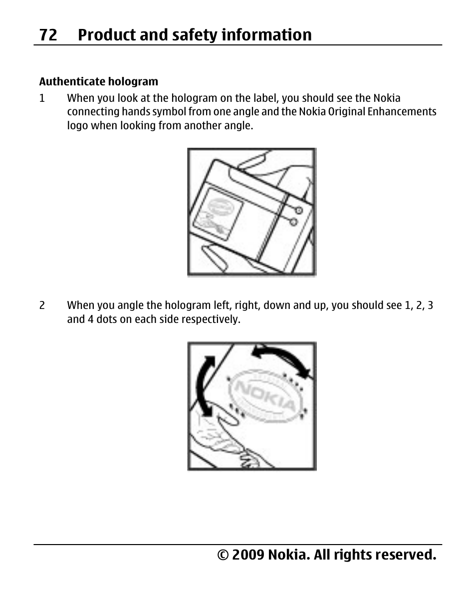 Authenticate hologram, 72 product and safety information, 2009 nokia. all rights reserved | Nokia 2690 User Manual | Page 72 / 90