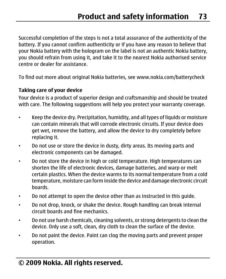 Taking care of your device, Product and safety information 73, 2009 nokia. all rights reserved | Nokia 2690 User Manual | Page 73 / 90