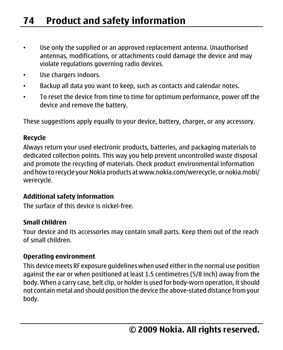 Recycle, Additional safety information, Small children | Operating environment, 74 product and safety information, 2009 nokia. all rights reserved | Nokia 2690 User Manual | Page 74 / 90