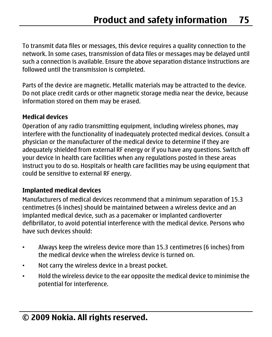 Medical devices, Implanted medical devices, Product and safety information 75 | 2009 nokia. all rights reserved | Nokia 2690 User Manual | Page 75 / 90