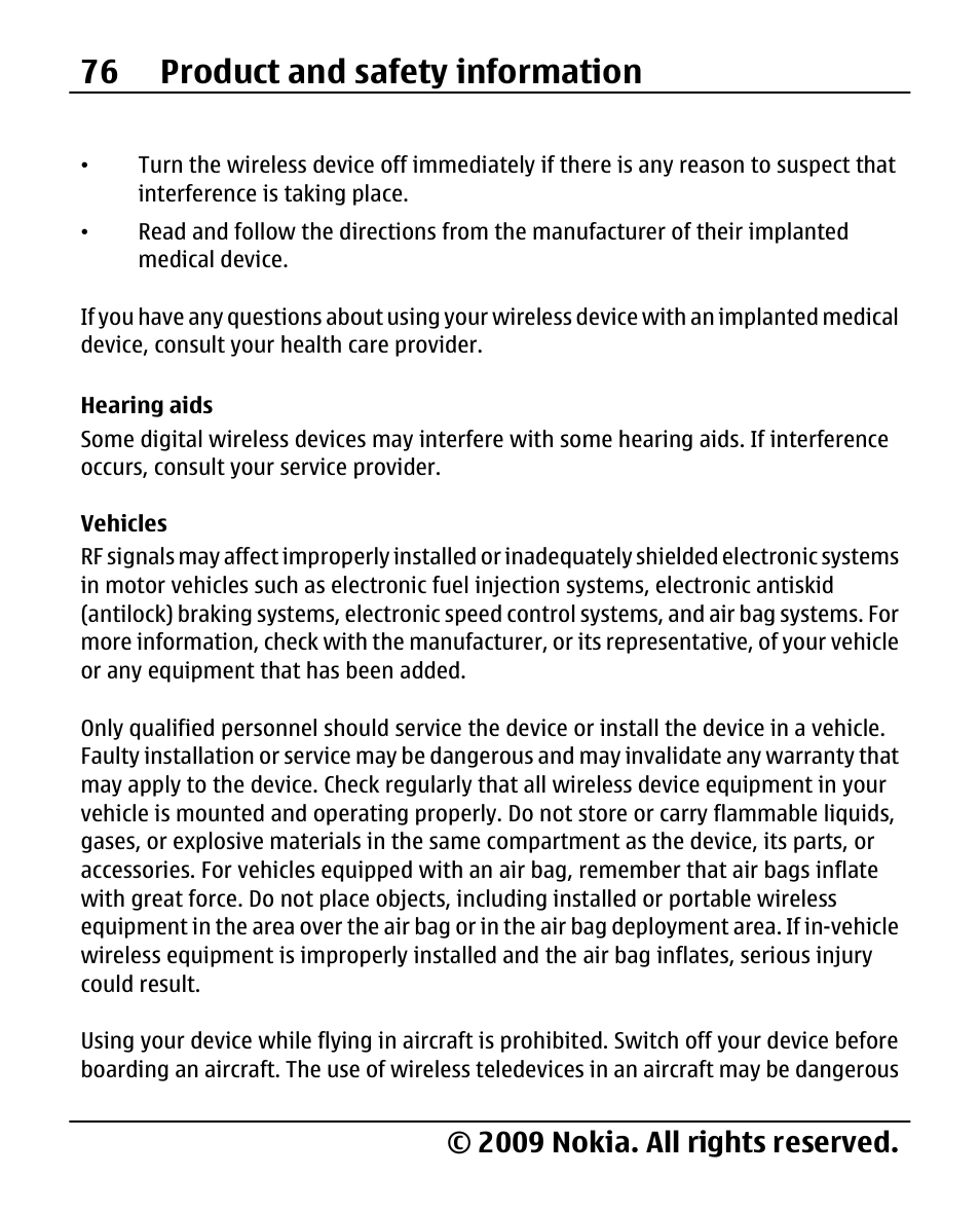 Hearing aids, Vehicles, 76 product and safety information | 2009 nokia. all rights reserved | Nokia 2690 User Manual | Page 76 / 90